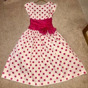 Vintage 1950s White & Pink Polka Dot Dress Shirred Waist & Bow XS 1980s